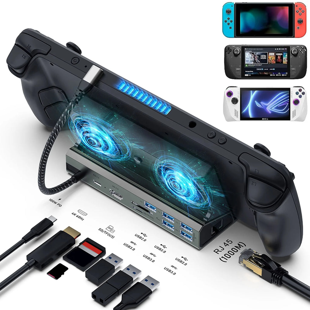 Steam Deck Docking Station with 2 Fans, 4K 60Hz HD Multimedia Interface, USB3.0 2.0, Gigabit RJ45, 100W PD Charging Port O369777