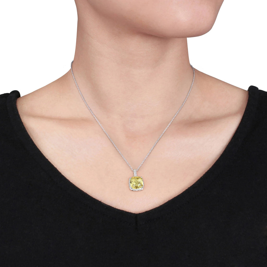 Sterling Silver Citrine and Diamond Halo Pendant with Chain R35885