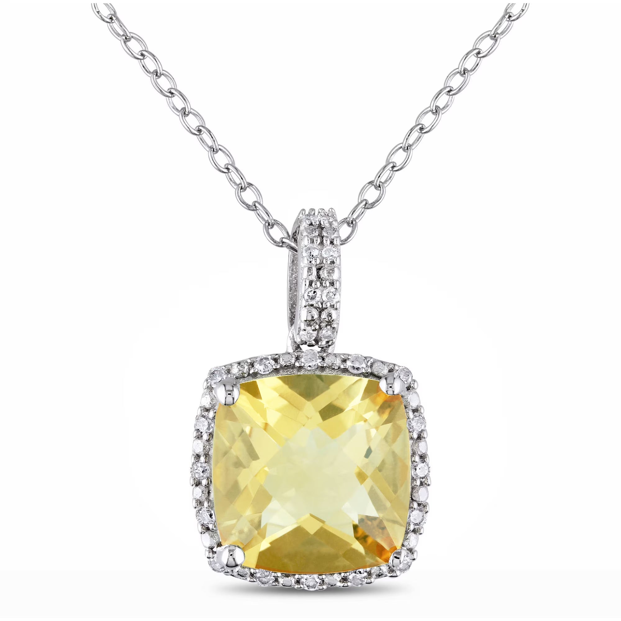 Sterling Silver Citrine and Diamond Halo Pendant with Chain R35885