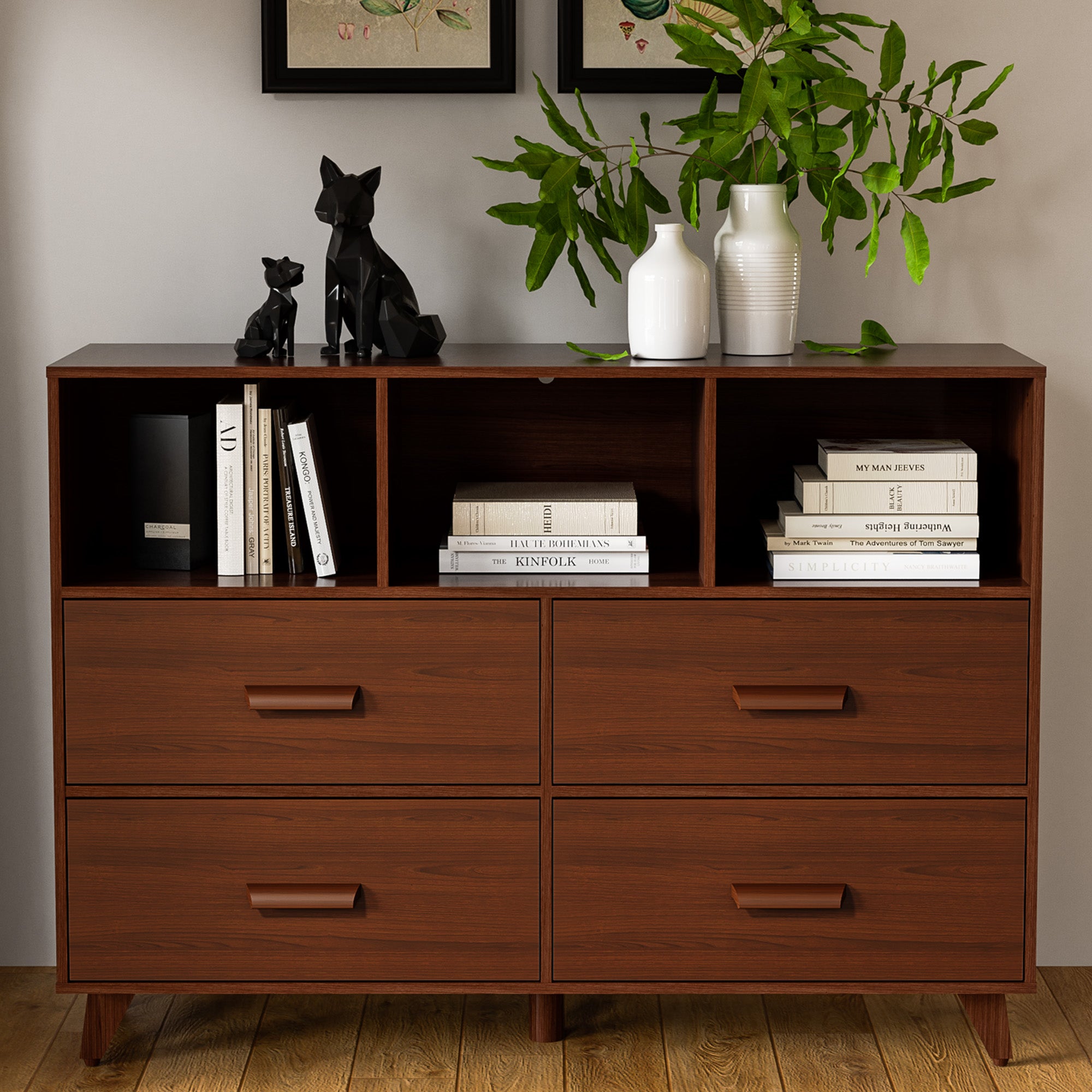 White and Brown 4 Drawers Wood Dresser with 3 Open Shelves Q196