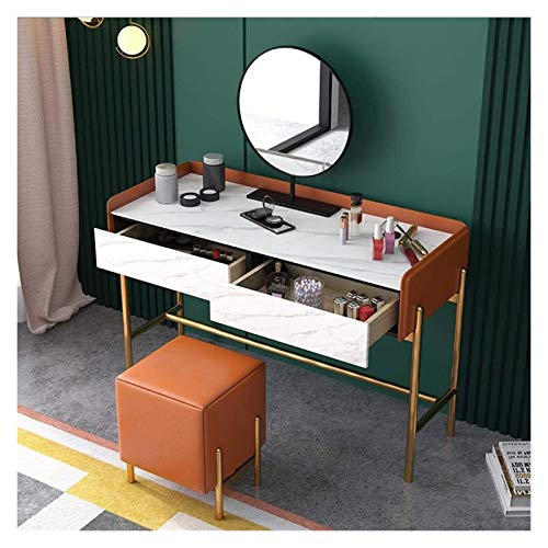 White Dressing Vanity Table with 2 Drawers, Round Mirror and Stool L24183
