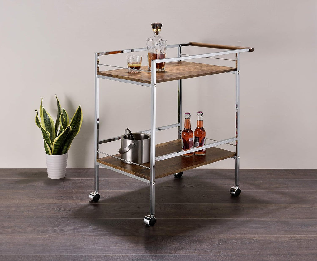 Chrome Oak Wood Metal Rolling Bar Serving Cart G5010