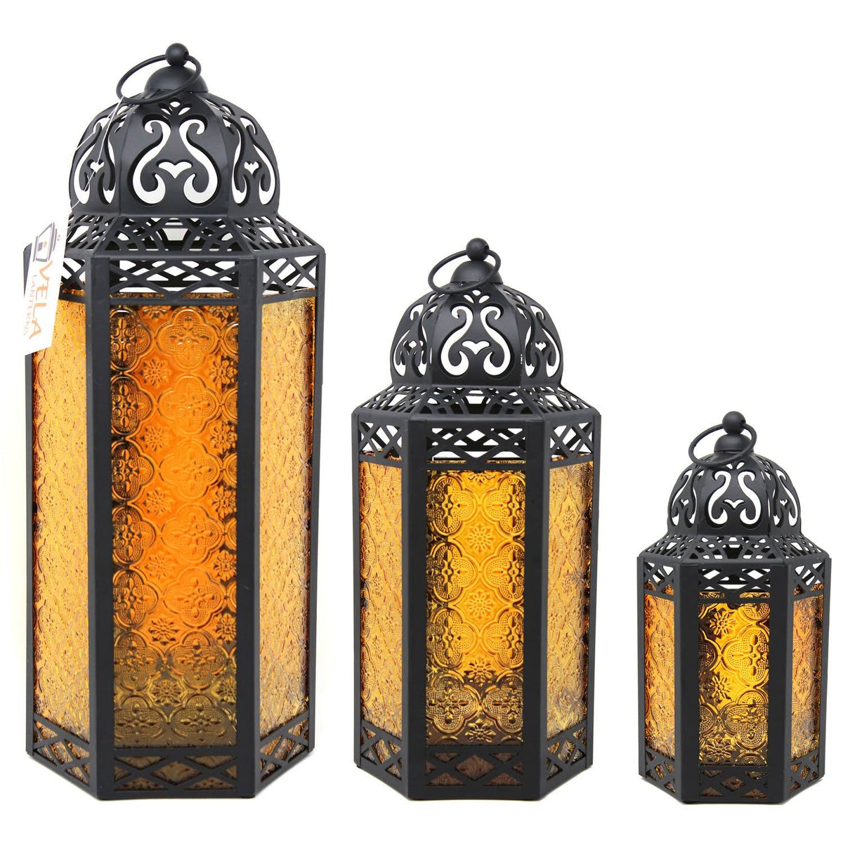 Set of 3 Amber Glass Candle Lanterns X762