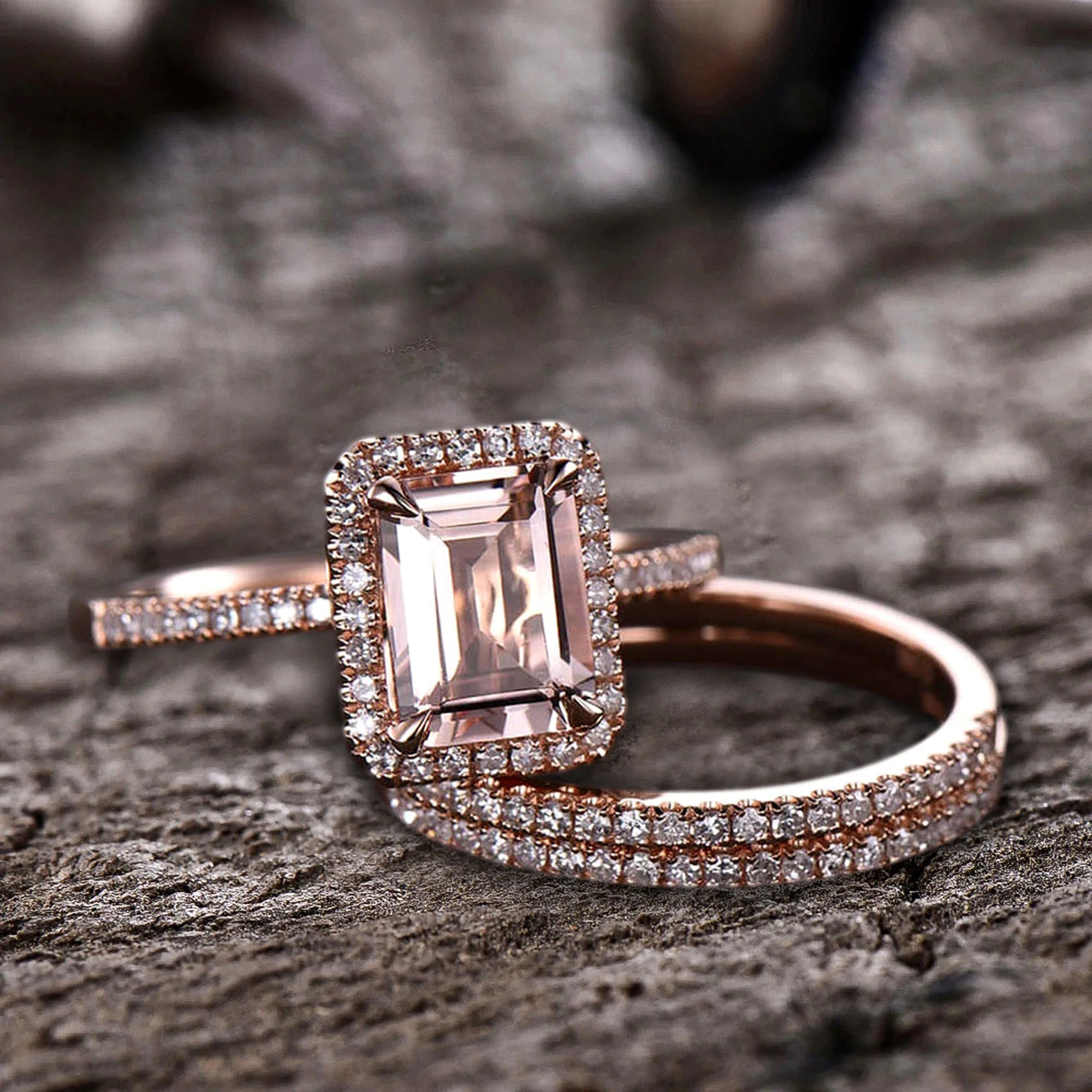 Emerald Cut Morganite Bridal Ring 10k Rose Gold Half Eternity V248
