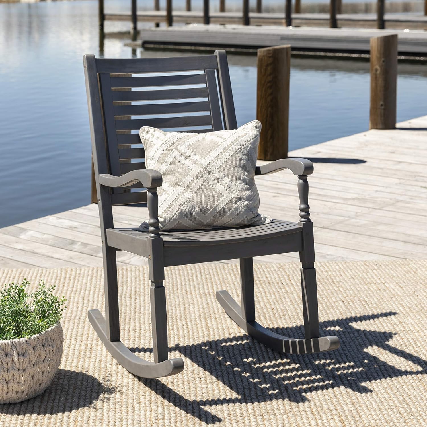 Brown Acacia Wood Slat Back Patio Rocking Chair I6895