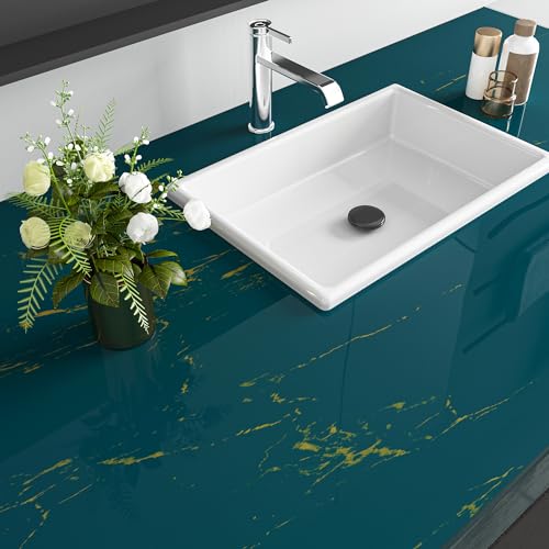 Dark Teal Blue and Gold Marble Peel and Stick Vinyl Contact Paper 15.8x78.8 P500