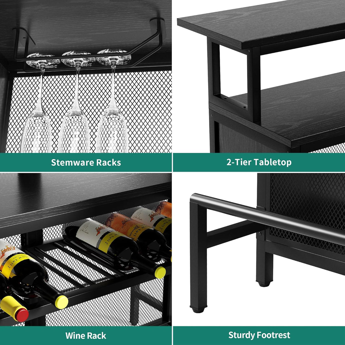 Black L Shaped Mini Home Bar Unit with Music Sensing LED Light, Tall Bars Furniture Table with Wine Rack Alcohol Storage Glasses Hanger Footrest A311