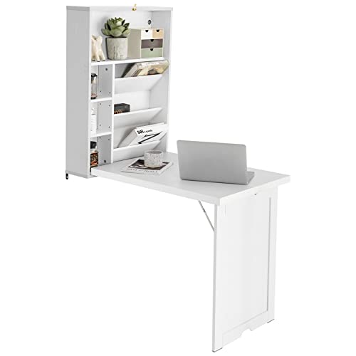 Black Folding Wall-Mounted Desk with Storage Bookcases T9881