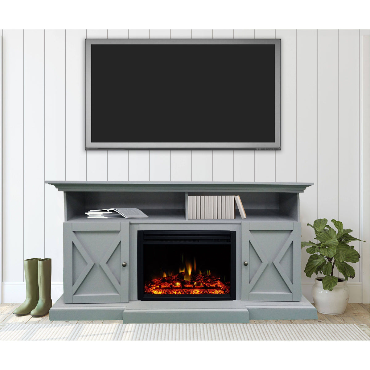 Slate Blue Electric Fireplace Mantel with Deep Log Insert A9416