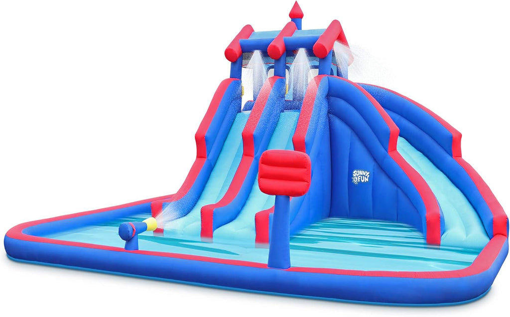 Mega Sport Inflatable Water Triple Slide Park with Climbing Wall, 3 Slides & Splash Pool J4846