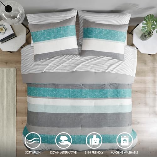 Queen Aqua/Grey 7 Piece Microfiber Comforter Set E118103
