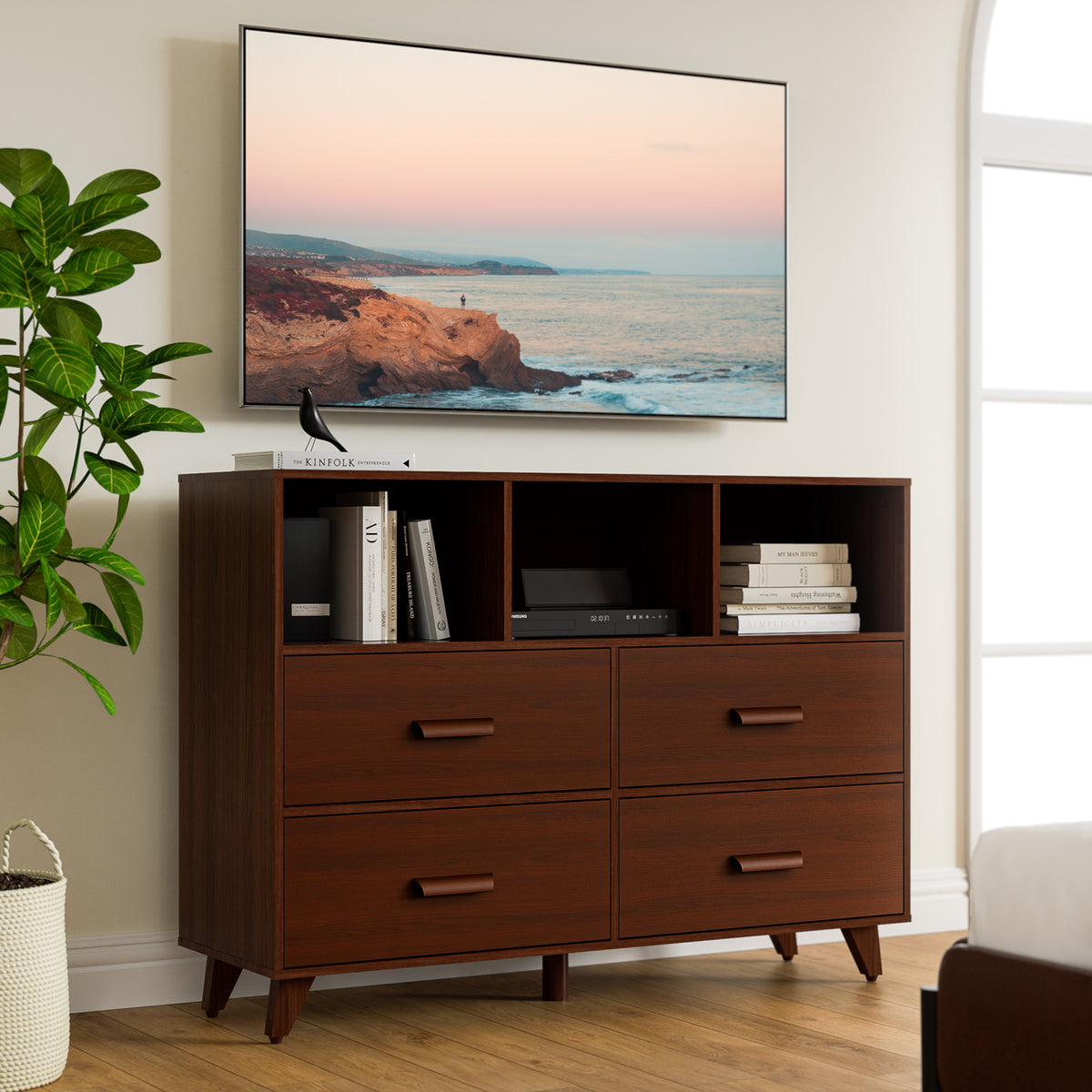 White and Brown 4 Drawers Wood Dresser with 3 Open Shelves Q196