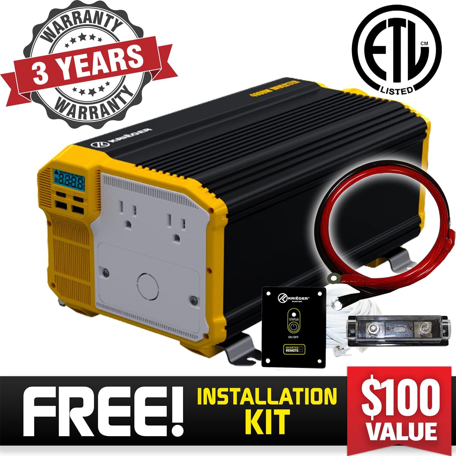 2000 Watt 12V Pure Sine Power Inverter Dual USB & AC Outlets B6750