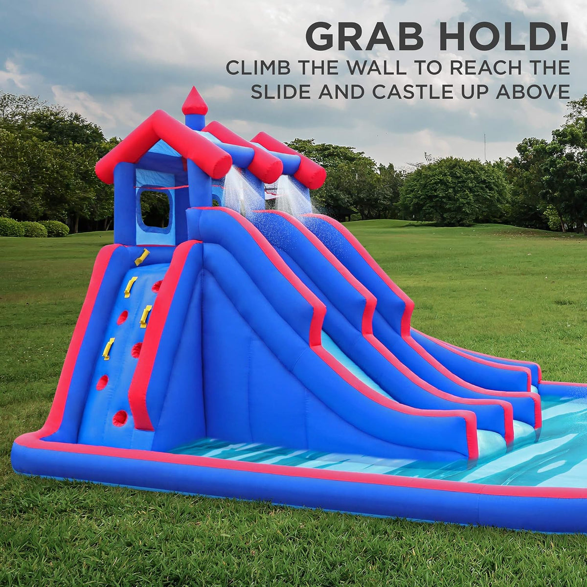 Mega Sport Inflatable Water Triple Slide Park with Climbing Wall, 3 Slides & Splash Pool J4846