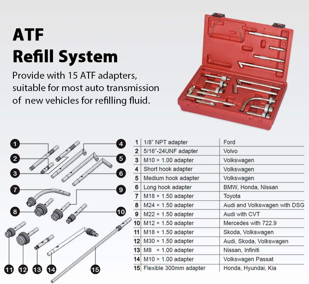 12.5L Pneumatic/Manual ATF Refill System Dispenser with 15-Piece Adapters in Storage Case V270368