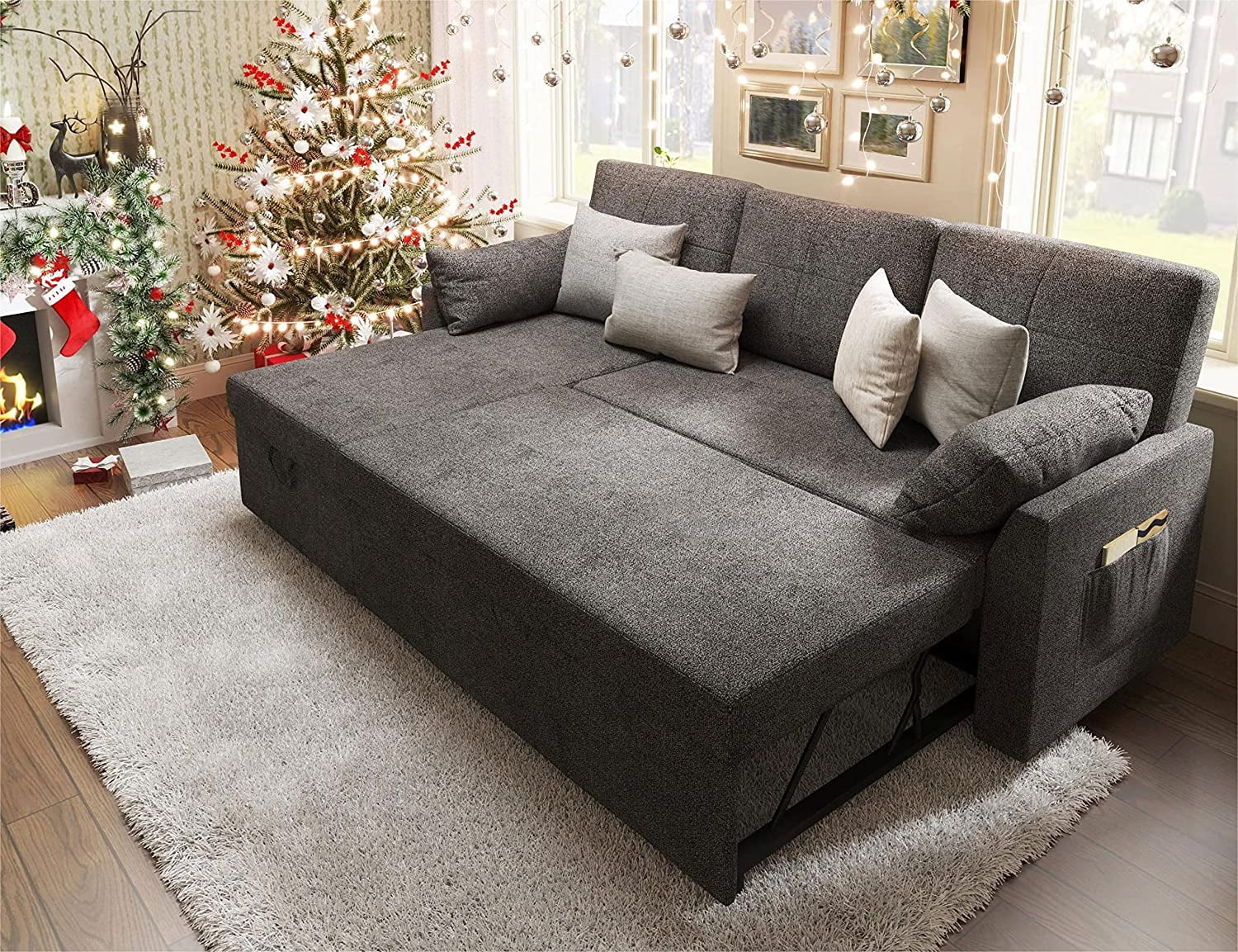 Gray Chenille Sleeper Sofa with Storage Chaise R656079