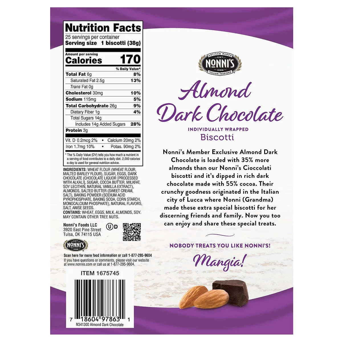 Almond Dark Chocolate Biscotti 1.33 Ounce (25 Count) E17602