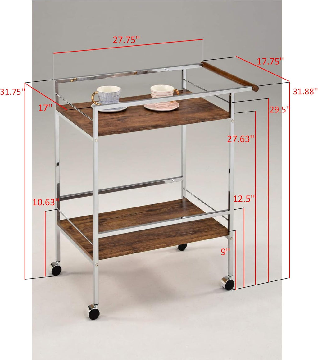 Chrome Oak Wood Metal Rolling Bar Serving Cart G5010