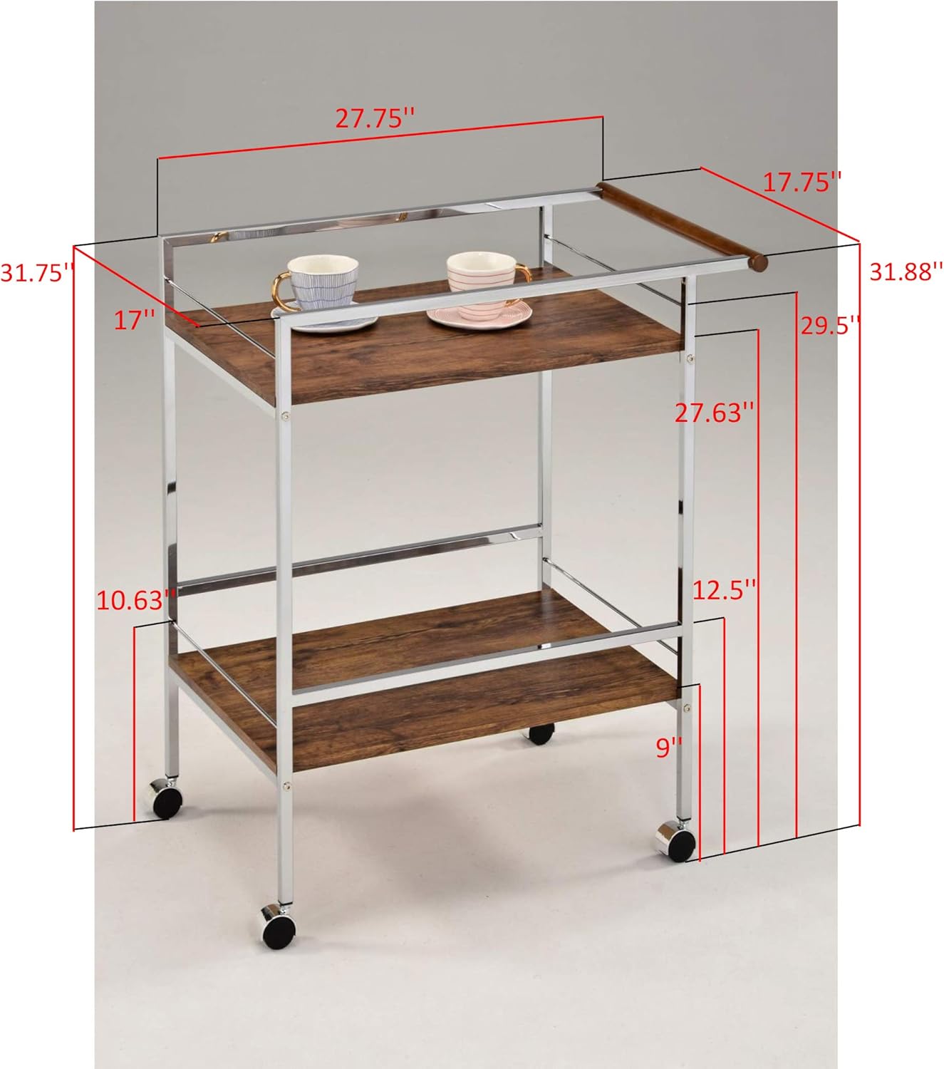 Chrome Oak Wood Metal Rolling Bar Serving Cart G5010
