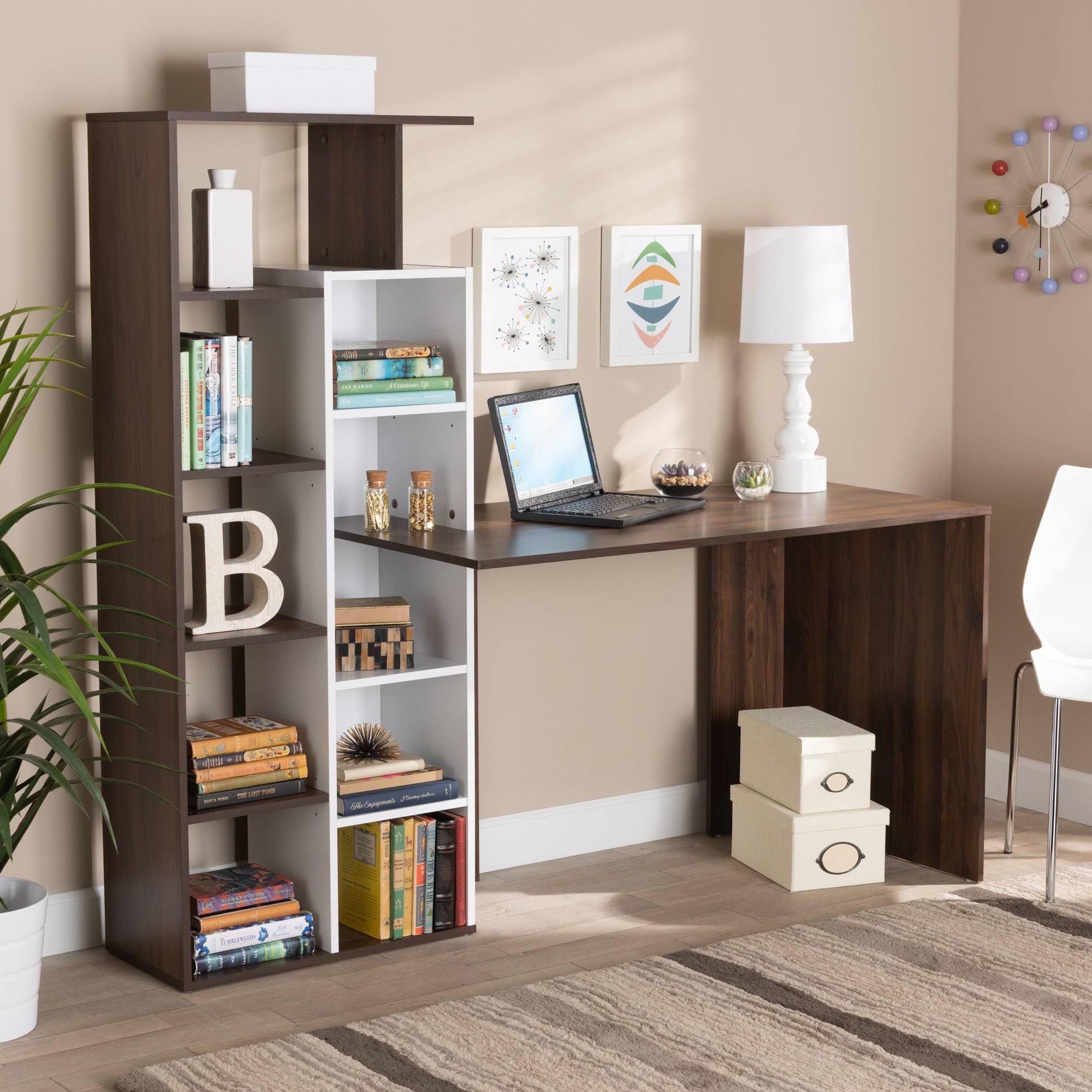 White & Walnut Brown Wood Storage Computer Desk with Shelves L573