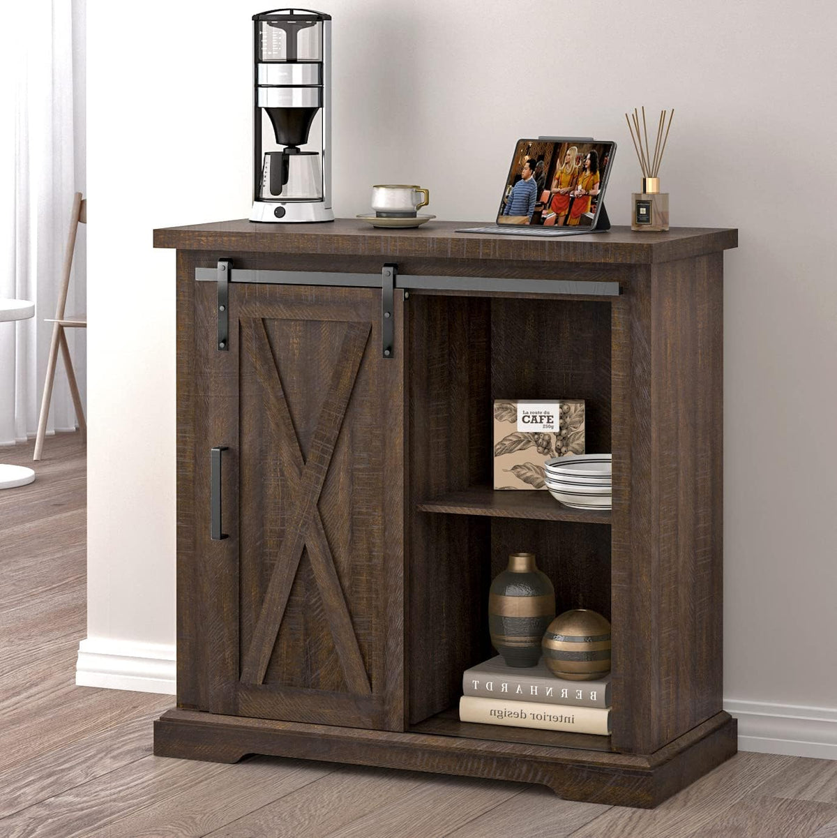 Dark Brown Wood Accent Cabinet with Sliding Barn Door and 4 Adjustable Shelves Z834