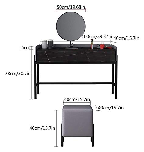 White Dressing Vanity Table with 2 Drawers, Round Mirror and Stool L24183
