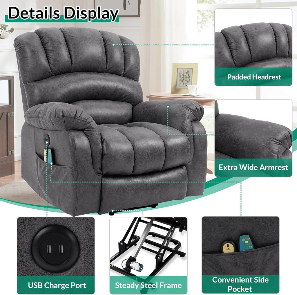 Gray Power Lift Recliner Chair with Heat & Massage E8775