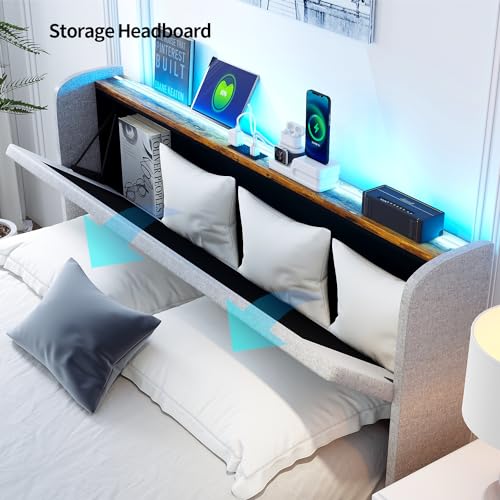 Queen Bed Frame with Storage Headboard & 4 Drawers, LED Upholstered, Light Grey E1576