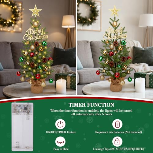 24-inch Mini Christmas Tree with 30 LED Lights & 26 Ornaments, PE Branch Tips & Cement Base K541411