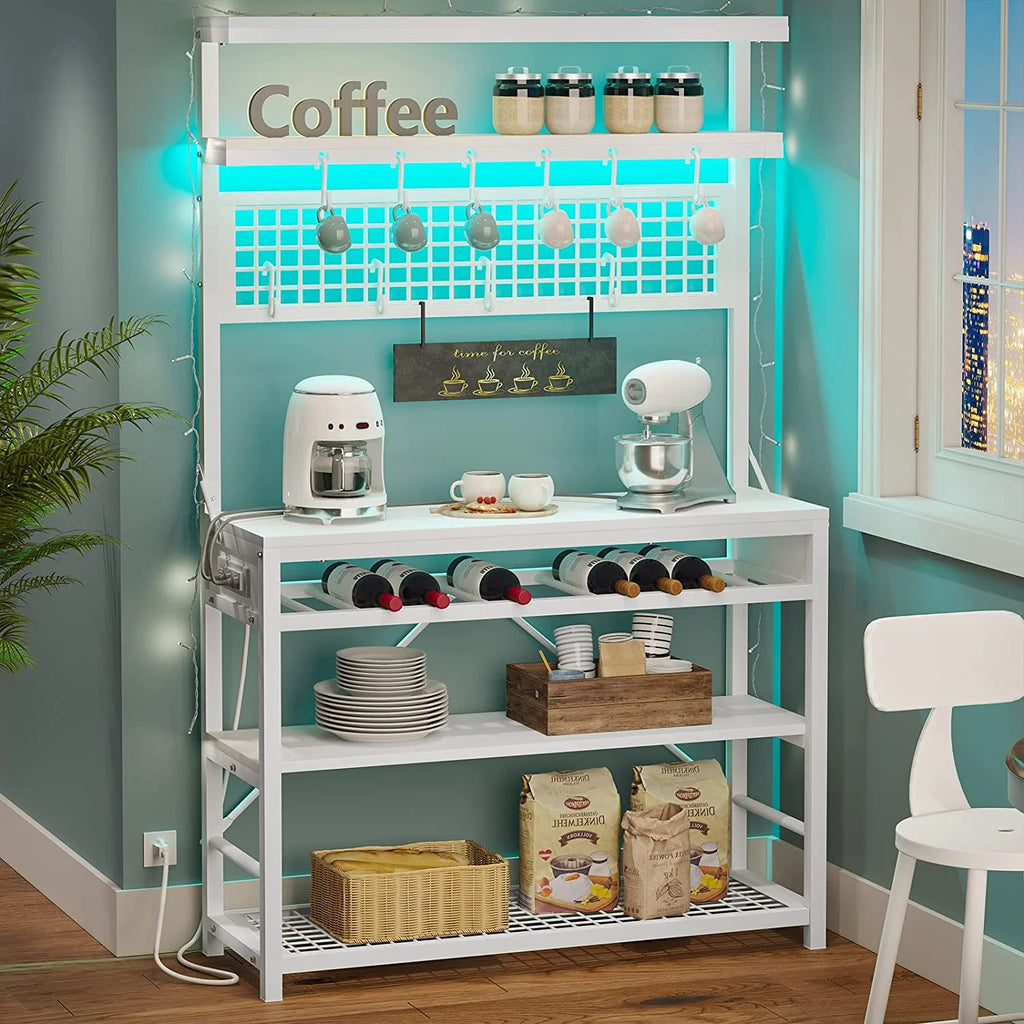 White 6-Tier Bakers Rack with Power Outlet and LED Lights V457