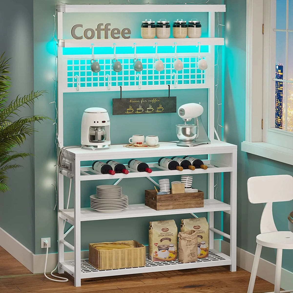White 6-Tier Bakers Rack with Power Outlet and LED Lights V457
