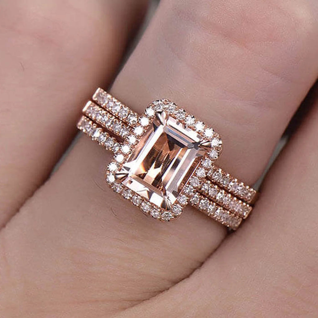 Emerald Cut Morganite Bridal Ring 10k Rose Gold Half Eternity V248
