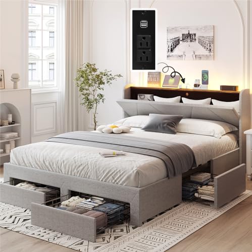 Queen Bed Frame with Storage Headboard & 4 Drawers, LED Upholstered, Light Grey E1576