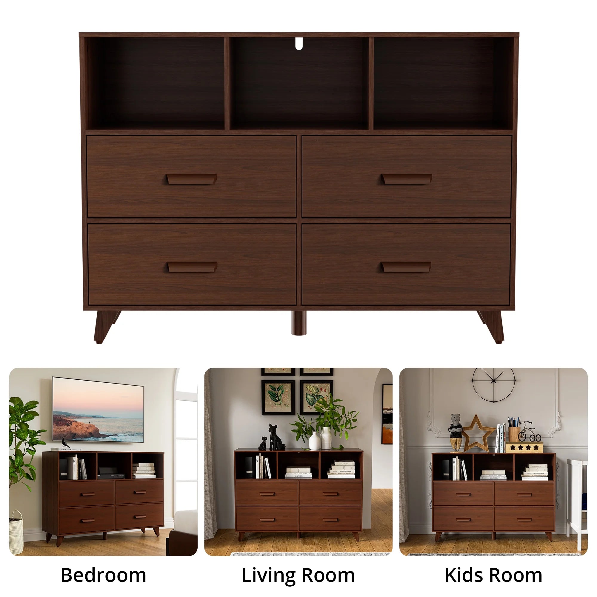 White and Brown 4 Drawers Wood Dresser with 3 Open Shelves Q196