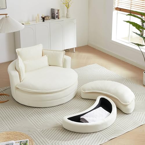 White Sherpa Fabric Swivel Barrel Chair with Storage Ottoman L1226