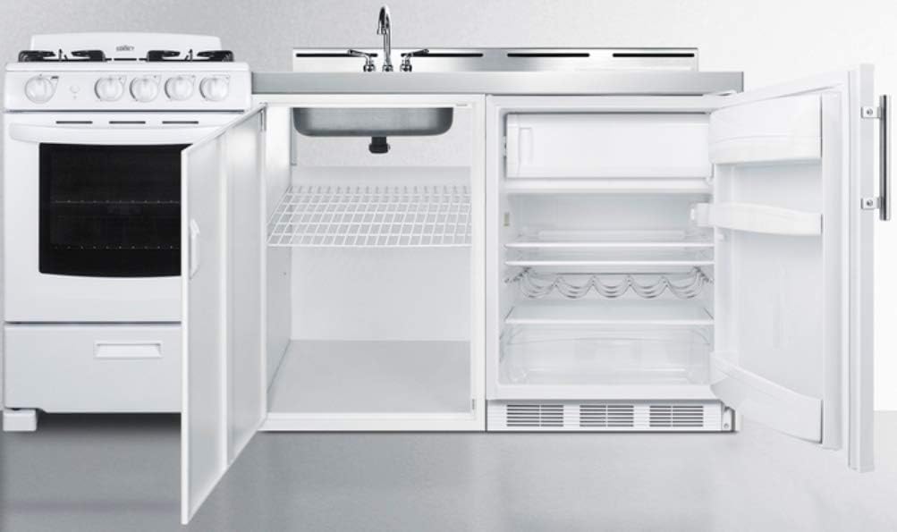 72" Wide All-in-One Kitchenette with 4-Burner Gas Range, Refrigerator-Freezer, Sink, Cutting Board, Cutlery Storage, and Storage Cabinet G2098