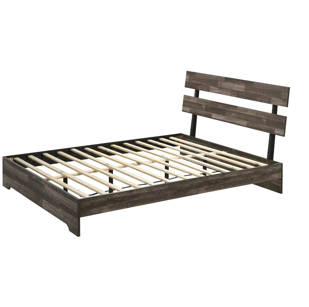 Rustic Brown Queen Size Platform Bedroom Set Bed Dresser Mirror Nightstand Wooden Furniture R621482