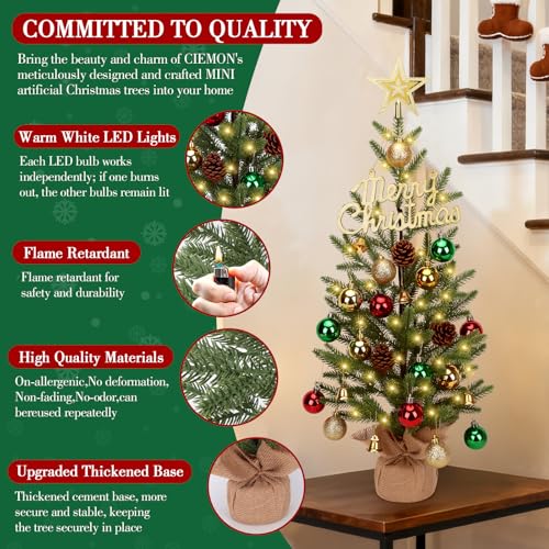 24-inch Mini Christmas Tree with 30 LED Lights & 26 Ornaments, PE Branch Tips & Cement Base K541411