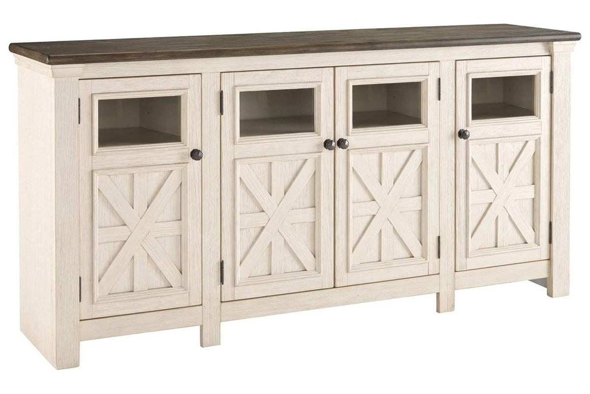 74 inch TV Stand with 2 Side Cabinets and 1 Center Cabinet Brown and White P503