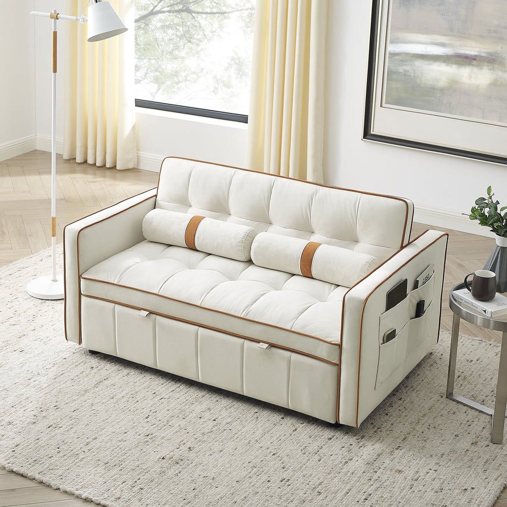 Beige 2 Seater Pull Out Sleep Sofa Bed with Side Pockets D599