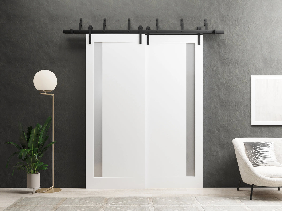 Solid French Double Doors 48 x 84 inches Matte Black with Frosted Glass Wood Solid Panel Frame Trims R115