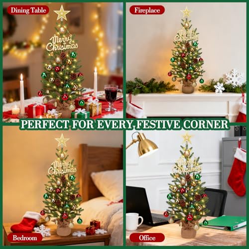 24-inch Mini Christmas Tree with 30 LED Lights & 26 Ornaments, PE Branch Tips & Cement Base K541411