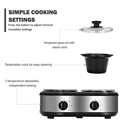Double Slow Cooker with 2 X 1.25QT Ceramic Pots and Glass Lid U444