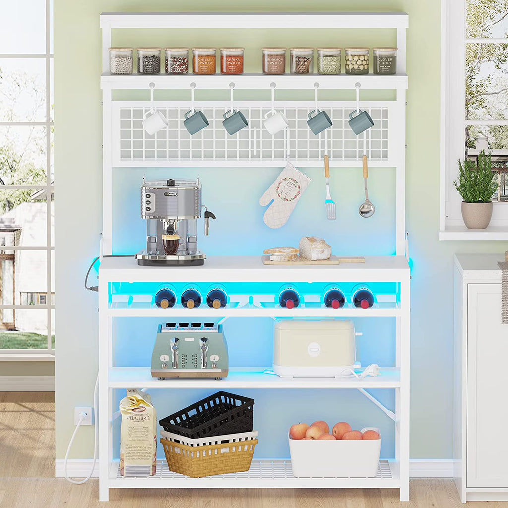 White 6-Tier Bakers Rack with Power Outlet and LED Lights V457