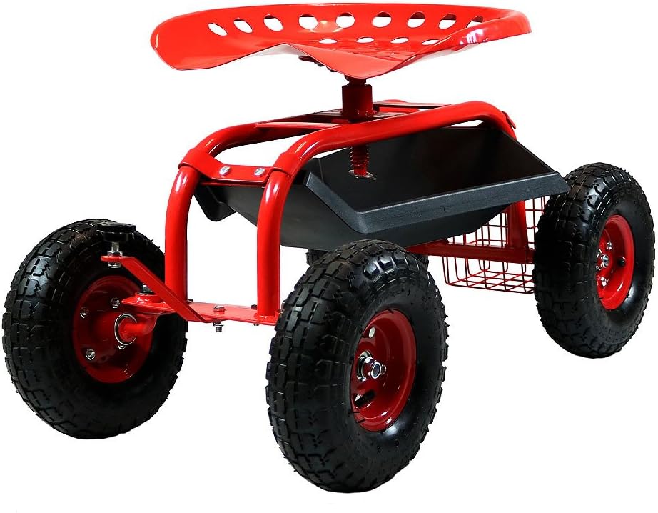 Green Rolling Gardening Chair Cart with Swivel Seat and Storage Basket C557968