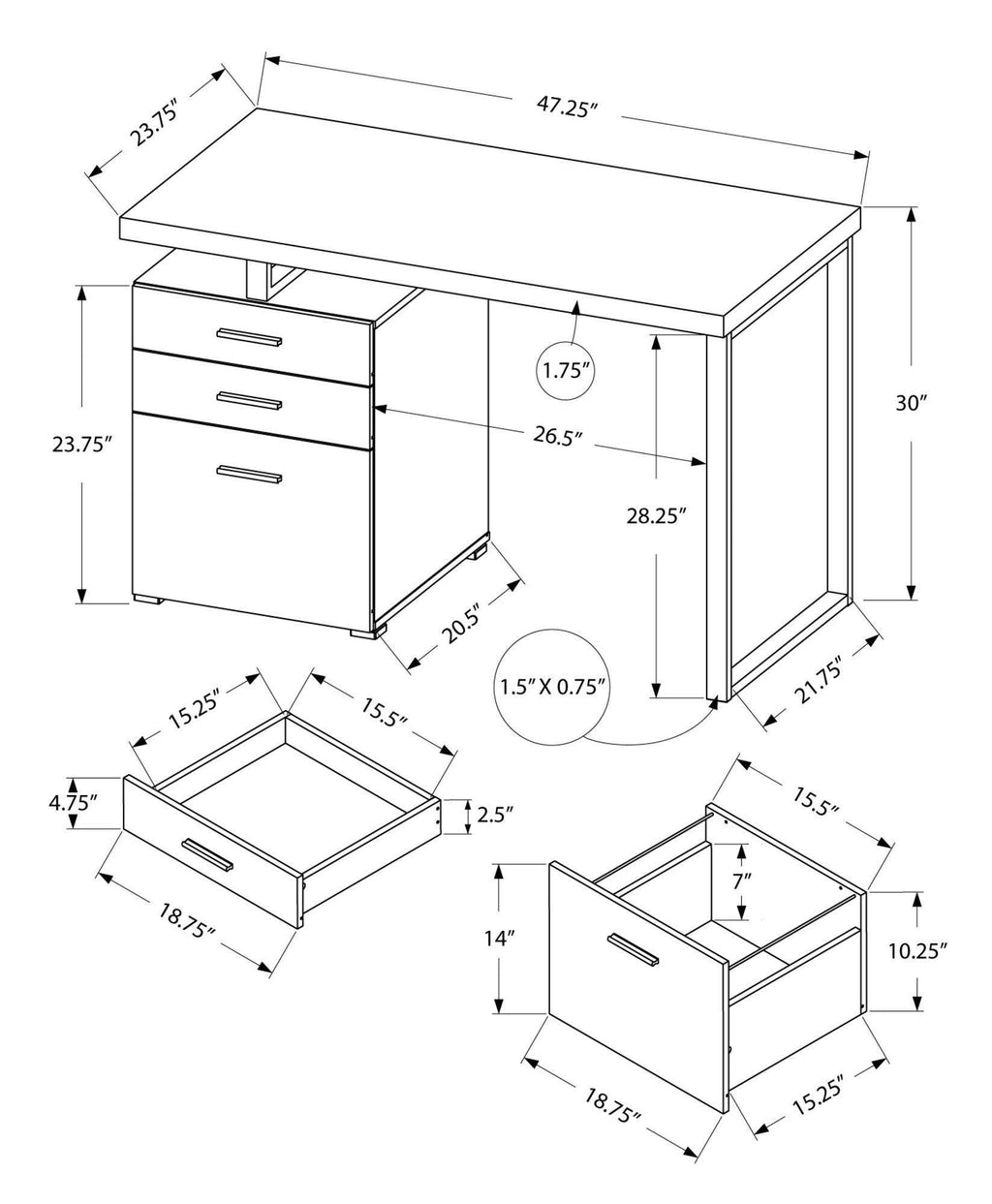 23.75x22 x 47.25x22 x 30x22 Cappuccino Silver Particle Board Metal Computer Desk P841
