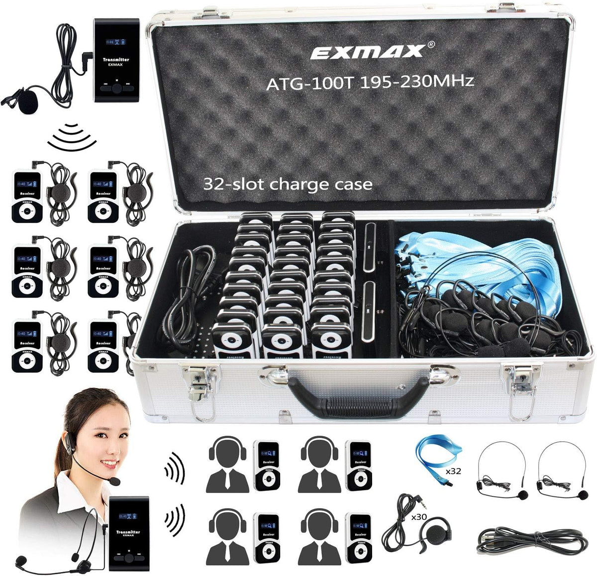 Wireless Tour Guide Voice Audio Transmission System with 32-slot Charge Case (2 Transmitters and 30 Receivers) B8362