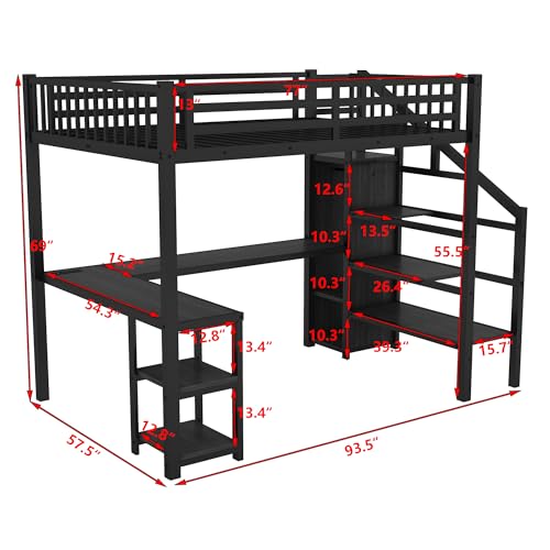 Black Full Size Metal Loft Bed with L-Shaped Desk and USB Port Y73422