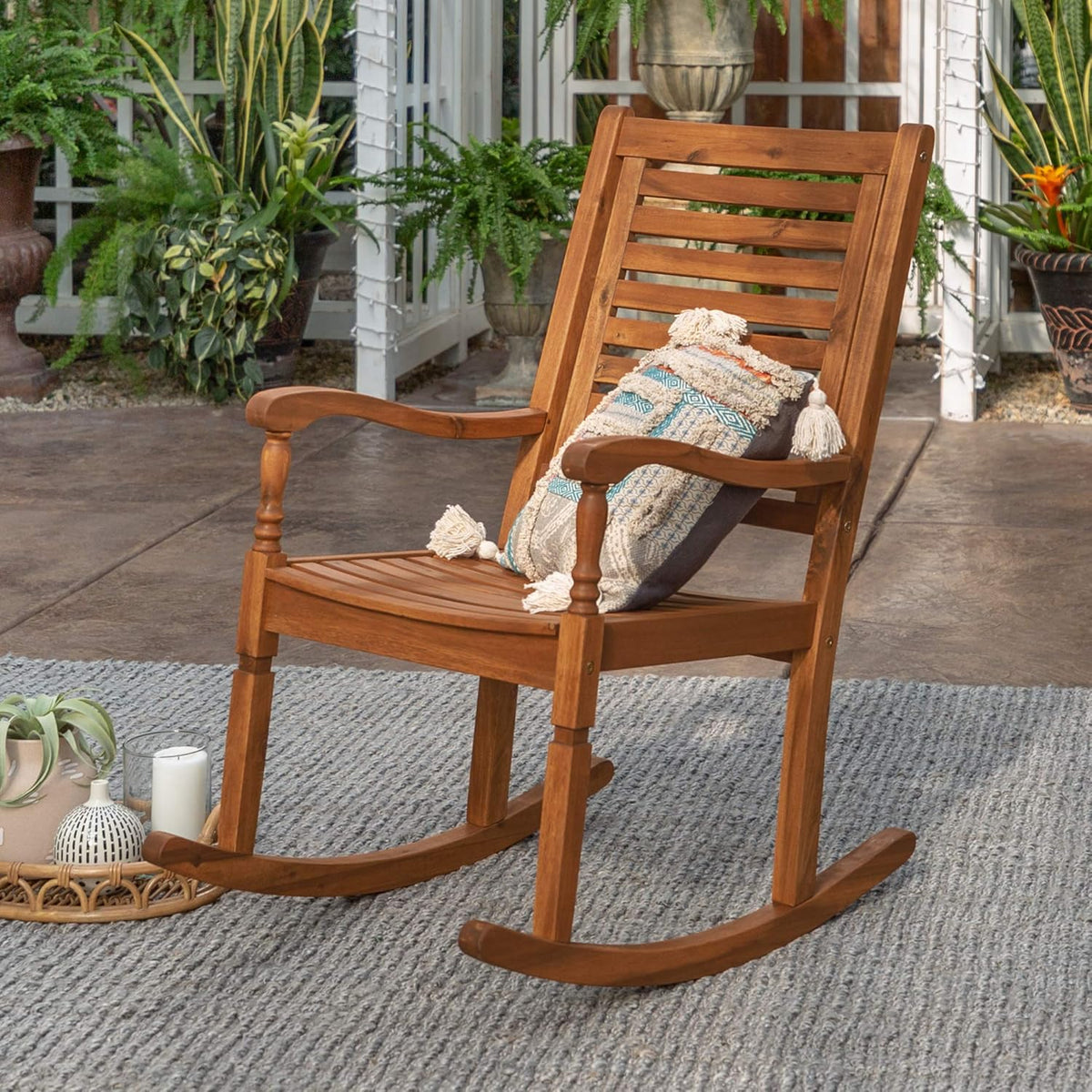 Brown Acacia Wood Slat Back Patio Rocking Chair I6895