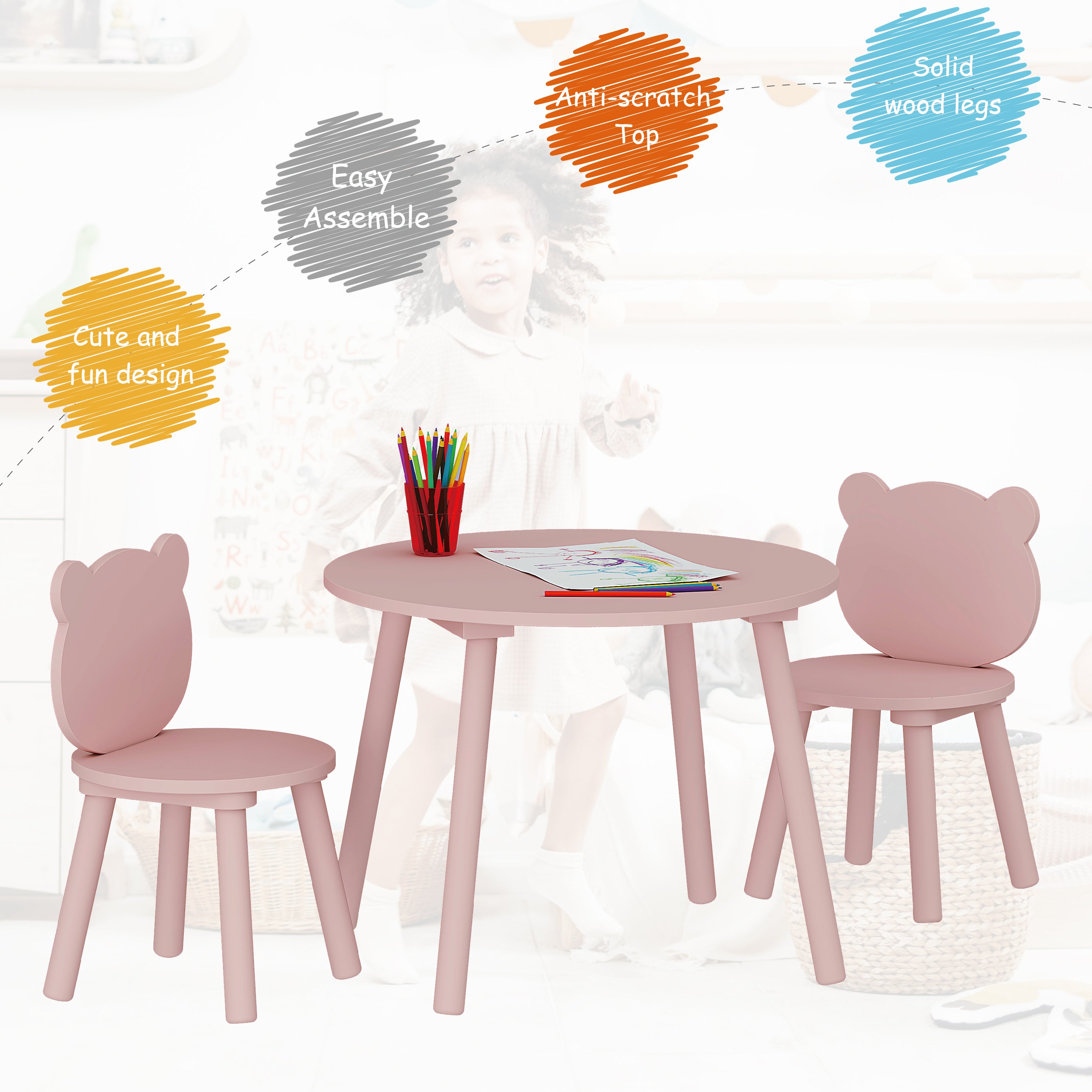 3 Pieces Kids Wood Table and Chair Set T80258